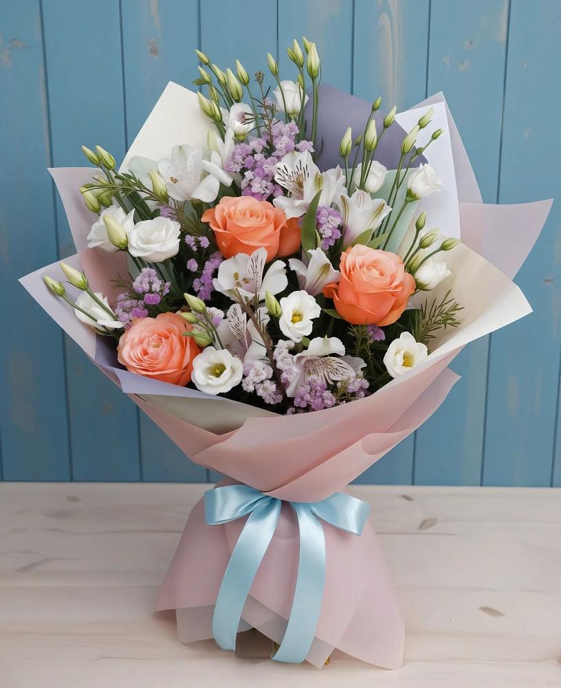 Букет цветов из: Лизиантусы, Розы, Альстромерии и Гипсофила в Рамешках